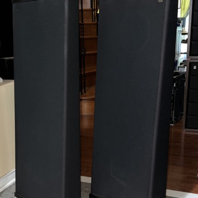 Angled view of the DCM TimeFrame TF350 towers showing their slim black cabinets and wrap-around grille fabric