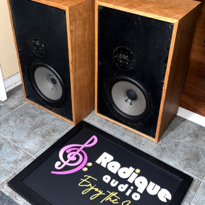 Pair of Dynaco A-35 speakers from an angle, figured cherry grain across the tops and side panel beside the black front baffles