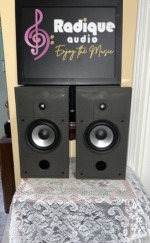 Energy Connoisseur C-2 bookshelf speakers in high gloss black with grilles off, showing the tweeter, silver-cone woofer and front bass port