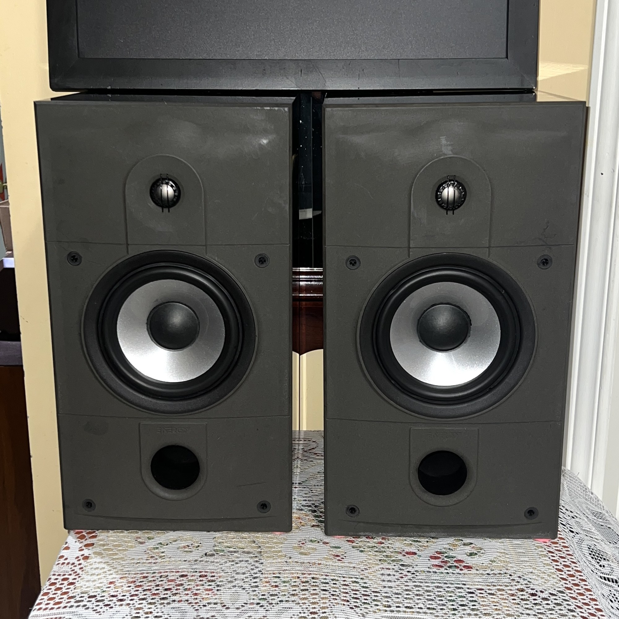 Energy-Connoisseur-C-2-Bookshelf-Speakers-High-Gloss-Black-Front-Thumb Energy Connoisseur C-2 bookshelf speakers in high gloss black with grilles off, showing the tweeter, silver-cone woofer and front bass port