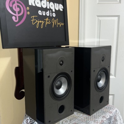 Side view of the Energy Connoisseur C-2 pair, the piano-gloss black side panel reflecting the room beside the grille-off woofer and tweeter