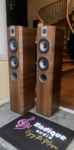Focal Chorus 714V towers turned to show the slim Light Walnut side panels alongside the exposed drivers