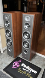 Angled view of the JBL Northridge E80 towers, grilles off, showing the cherry side panels and grey front baffles
