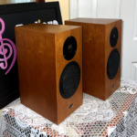 Linn Katan bookshelf speakers viewed from the right, the near cabinet turned to show its plain wood side panel and the LINN badge on the baffle