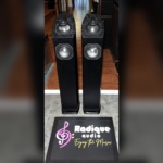 Pair of Mirage OMNI 350 tower speakers in black ash, grilles off, showing the omnipolar tweeters and woofers