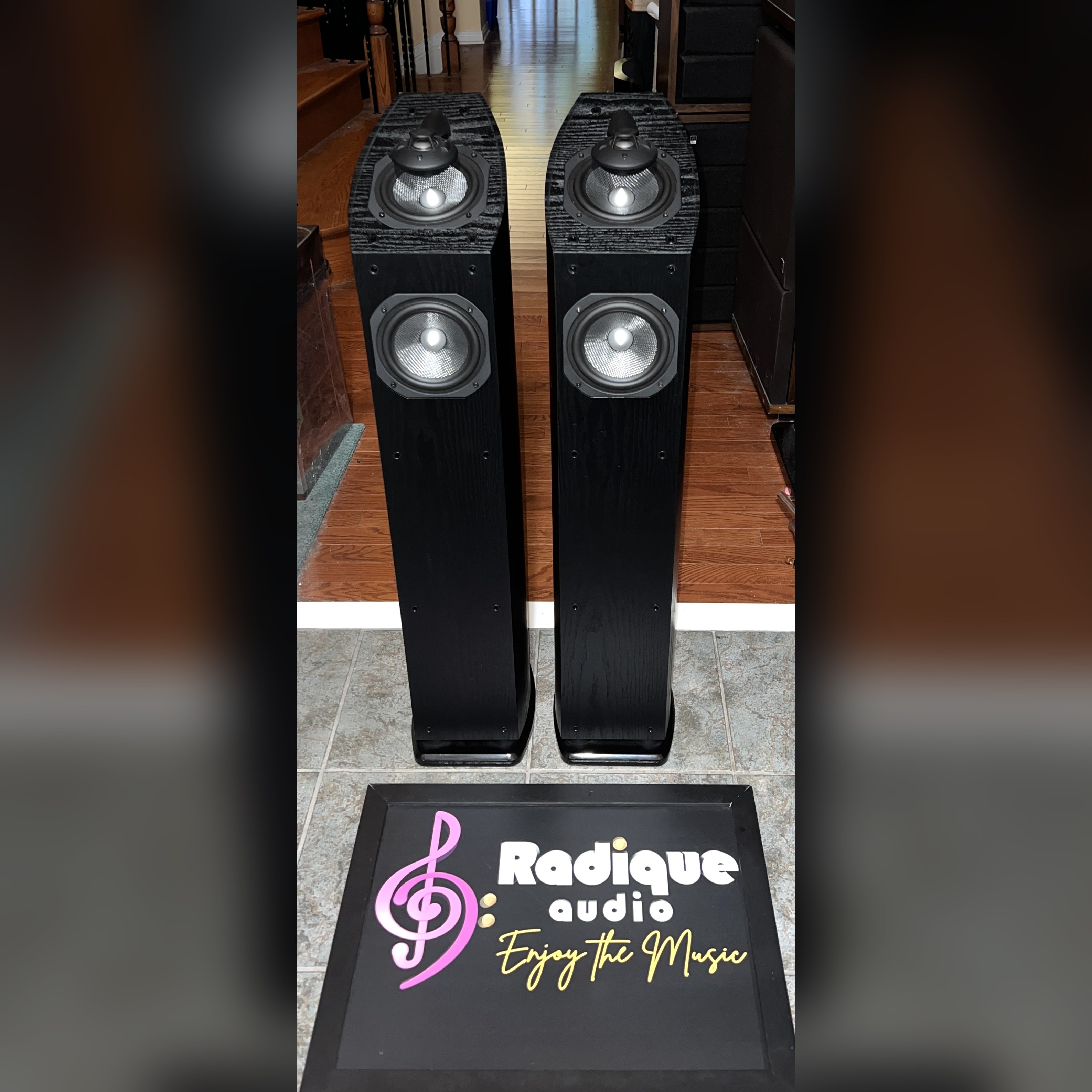 Mirage-OMNI-350-Floorstanding-Speakers-Pair-Front-Square Pair of Mirage OMNI 350 tower speakers in black ash, grilles off, showing the omnipolar tweeters and woofers