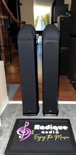 Mirage OMNI 350 floorstanding speakers with black cloth grilles fitted, standing side by side