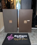 Rear of the Original Large Advent speakers with the recessed brass plate, high-frequency control switch and the Advent Corporation label