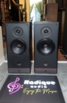 Pair of PSB 50 MkII speakers in black ash, grilles off, tweeter over woofer with a front port and red trim strip at the base