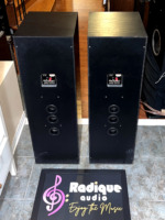Rear panels of the Paradigm 11se Mk II speakers showing the recessed terminal plates, red and black binding posts and three port slots