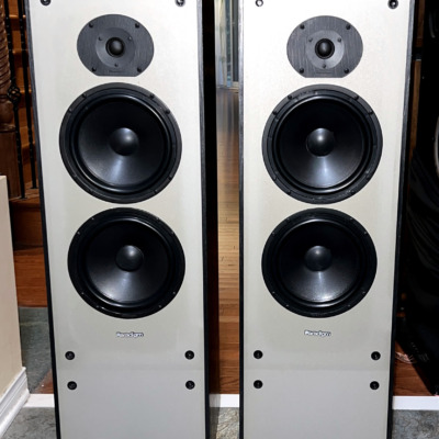 Paradigm 11se Mk II floorstanding speakers, grilles off, pale grey baffles with a dome tweeter above two black woofers in black cabinets