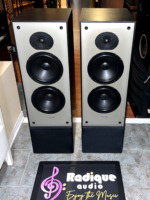 Paradigm 11se Mk II towers viewed from slightly above and left, black cabinet tops and grey three-driver baffles on the Radique Audio board