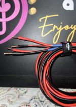 Close-up of the Radique house CCA speaker cable ends, red and black leads with the bare copper-clad wire exposed
