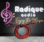 Pair of Radique house CCA speaker cables, 10 feet, red and black, coiled and strapped with stripped bare-wire ends