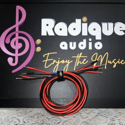 Pair of Radique house CCA speaker cables, 10 feet, red and black, coiled and strapped with stripped bare-wire ends
