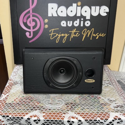 Tannoy D5C centre channel speaker in black ash, grille off, showing the woofer, tweeter and port