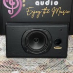 Tannoy D5C centre channel speaker in black ash, grille off, showing the woofer, tweeter and port