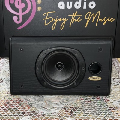 Tannoy D5C centre channel speaker in black ash, grille off, showing the woofer, tweeter and port