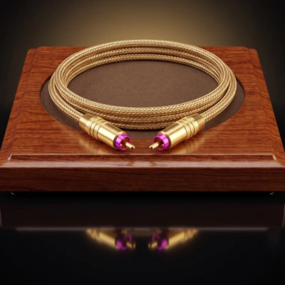 Coiled braided audio cable with gold-plated barrel connectors on a rosewood plinth — Radique category icon