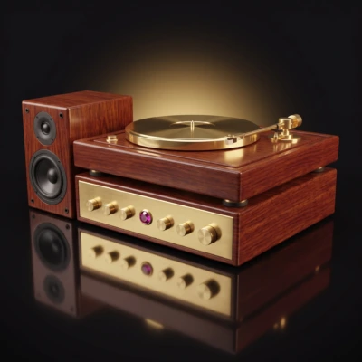 Vintage rosewood and brass hi-fi stack — turntable on a receiver with a bookshelf speaker alongside — Radique Used/Vintage category icon