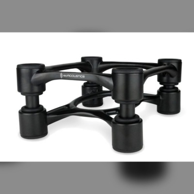 IsoAcoustics Aperta speaker isolation stands in black for bookshelf speakers and compact monitors.