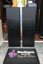Bose 701 Series I tower speakers, rear view of the pair showing each cabinet's round rear port and black ash finish