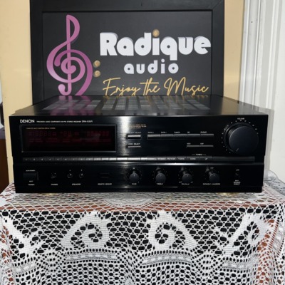 Denon DRA-835R stereo receiver, front panel with tuner display, tone controls and large volume knob