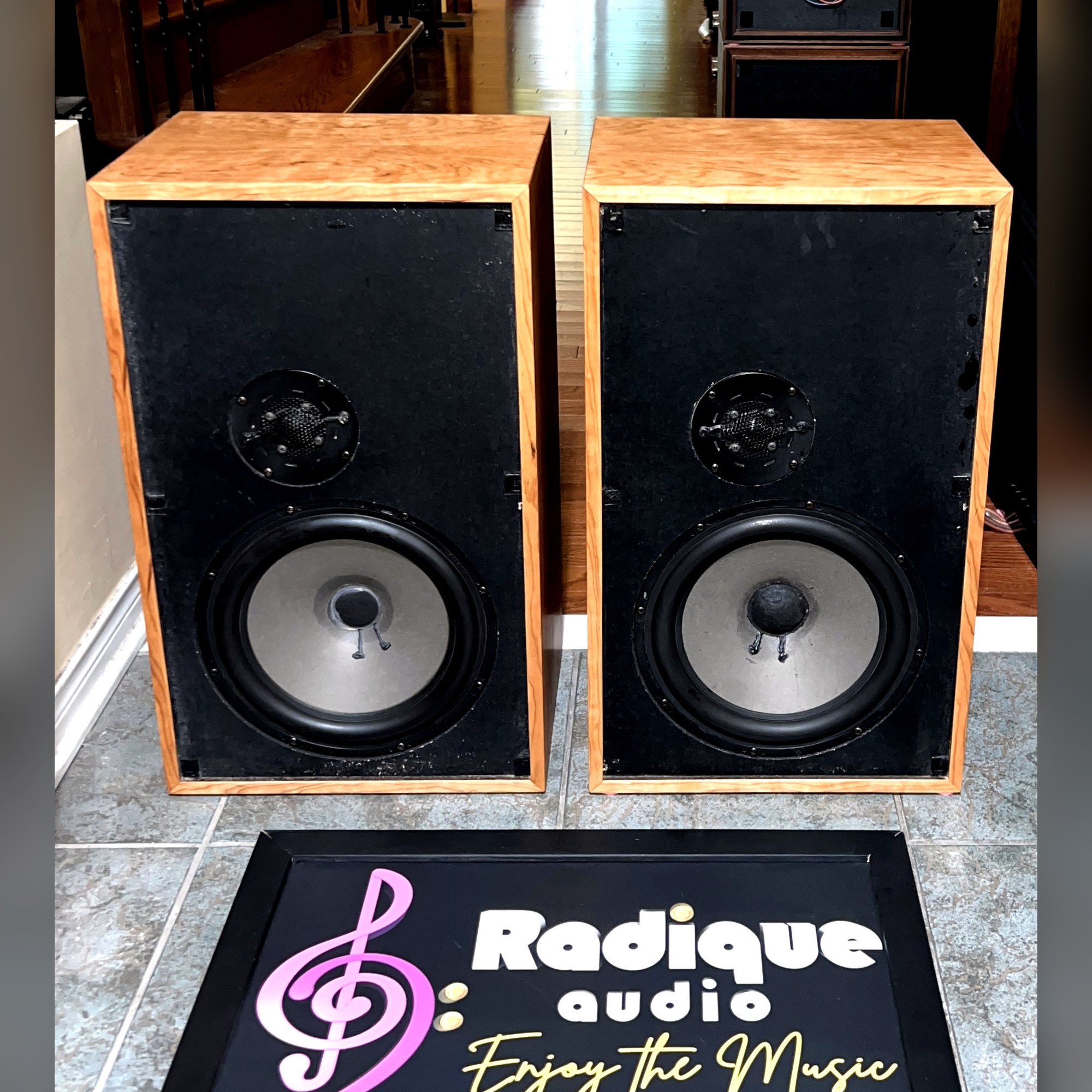 Dynaco-A-35-Speakers-Custom-Cherry-Front-Thumb Dynaco A-35 speakers in custom cherry cabinets, grilles off, showing black baffles with a large woofer below a recessed dome tweeter