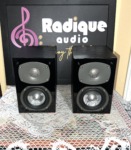 Energy C-50 bookshelf speakers with grilles off: gloss black baffles, each with a tweeter in a grey waveguide plate above a silver-capped woofer