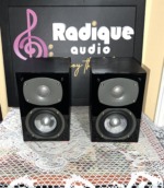 Energy C-50 bookshelf speakers with grilles off: gloss black baffles, each with a tweeter in a grey waveguide plate above a silver-capped woofer