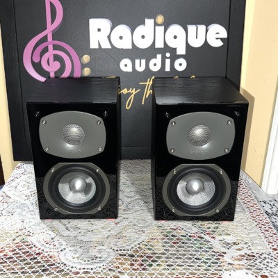 Energy C-50 bookshelf speakers with grilles off: gloss black baffles, each with a tweeter in a grey waveguide plate above a silver-capped woofer