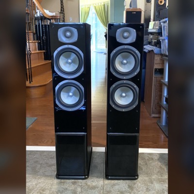 Energy C-500 slim tower speakers — front view with grilles off