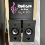 Energy Connoisseur C-2 bookshelf speakers in high gloss black with grilles off, showing the tweeter, silver-cone woofer and front bass port