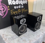 Energy RC-Mini speakers in high gloss black, angled view of the mirror-like piano black cabinets
