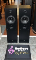 Pair of JVC SP-5500 tower speakers in black woodgrain, grilles off, showing the dome tweeter, large woofer and front bass port