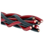 Close-up of Kimber Kable 4PR speaker cable: the black and red eight-strand braid and its copper conductors