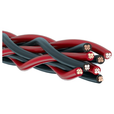 Close-up of Kimber Kable 4PR speaker cable: the black and red eight-strand braid and its copper conductors