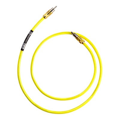 Kimber Kable DV30 digital coaxial interconnect with a yellow-green jacket, coiled, with RCA plugs