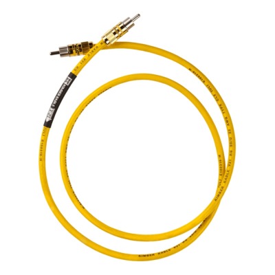 Kimber Kable V21 digital coaxial interconnect with a yellow jacket, coiled, with Ultraplate RCA plugs