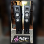 Klipsch KF-26 Icon towers — front view with grilles off, Tractrix horn and dual woofers visible