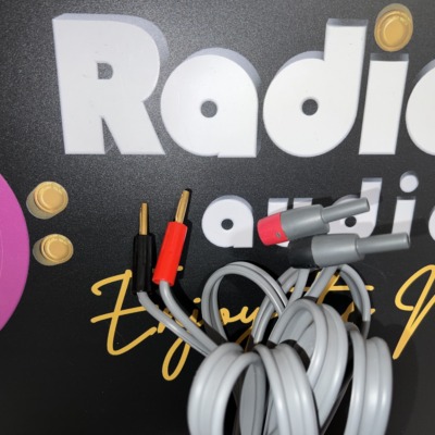 Close-up of the Linn K20 speaker cable ends with gold banana plugs and red and black collars in front of the Radique Audio board