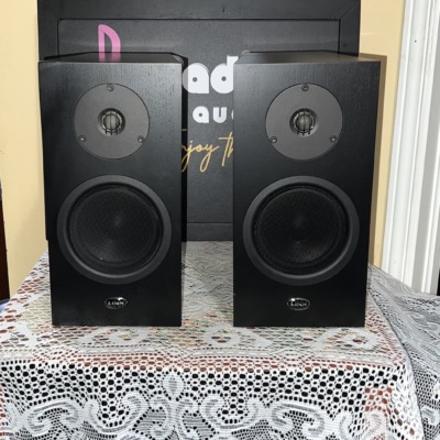 Linn Katan bookshelf speakers in black ash, a pair side by side showing the soft-dome tweeters, black mid/bass cones and Linn badges