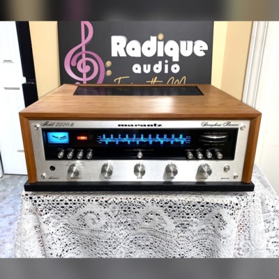 Marantz 2220B vintage stereo receiver in custom Ottawa Valley cherry cabinet — front view, silver faceplate