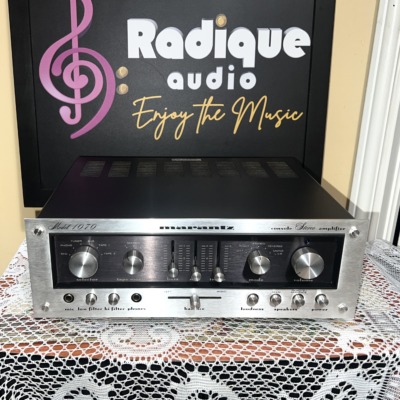Marantz Model 1070 straight on: brushed silver faceplate with selector and volume knobs, slider tone and balance controls, mic and phones jacks