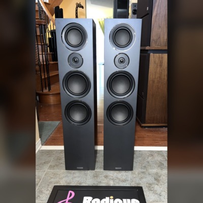 Mission LX-5 floorstanding speakers — front view with grilles off, four drivers visible