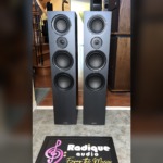 Mission LX-5 floorstanding speakers — front view with grilles off, four drivers visible