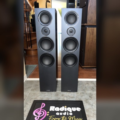 Mission LX-5 floorstanding speakers — front view with grilles off, four drivers visible