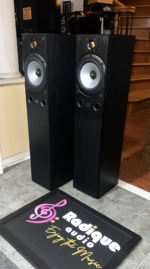 Monitor Audio Bronze 3 towers at an angle, grilles off, showing the gold dome tweeters, silver mid-bass cones and black ash sides