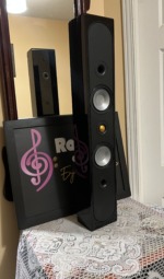 Monitor Audio Radius 250HD speakers in black gloss standing upright, grille off to show twin silver bass drivers and gold dome tweeter