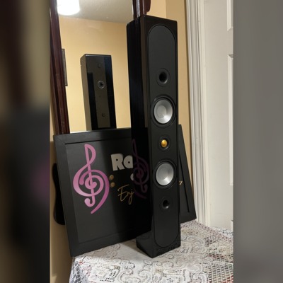 Monitor Audio Radius 250HD speakers in black gloss standing upright, grille off to show twin silver bass drivers and gold dome tweeter